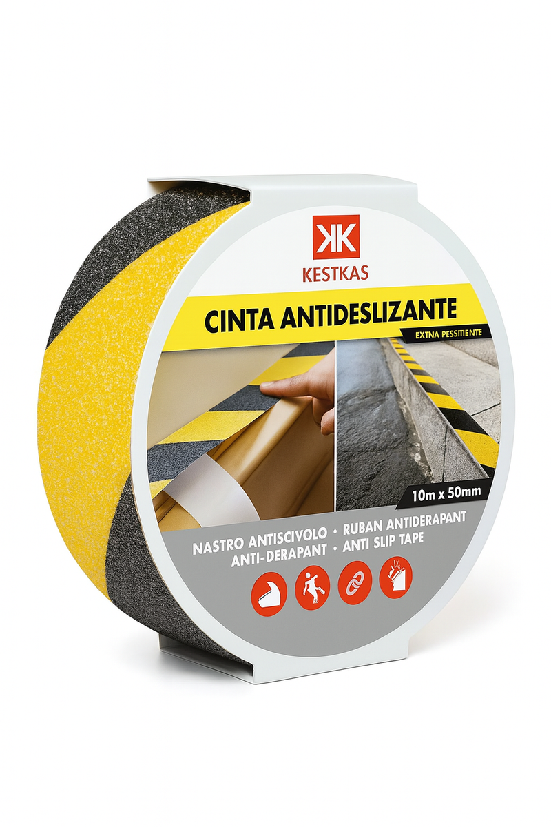Cinta antideslizante amarilla y negra de señalización en una rampa de acceso