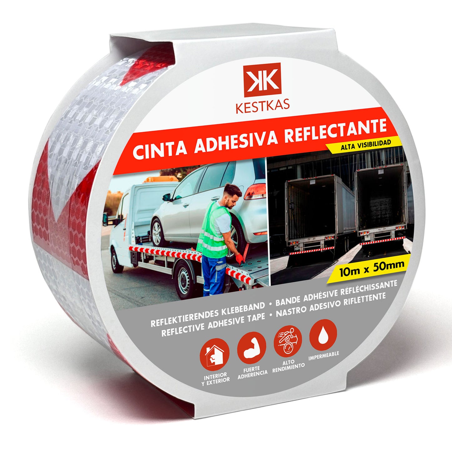 Cinta adhesiva reflectante 50mm x 10m rojo/blanco