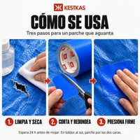 Cómo se usa la cinta de reparación de lona azul KESTKAS en 3 pasos: limpiar y secar, cortar y redondear el parche, presionar firme