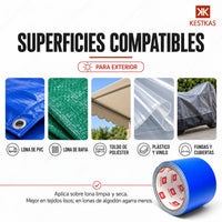 Superficies compatibles con la cinta de lona azul KESTKAS: lona de PVC, lona de rafia, toldo de poliéster, plástico y vinilo, fundas y cubiertas