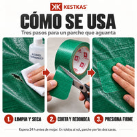 Cómo se usa la cinta de reparación de lona verde KESTKAS en 3 pasos: limpiar y secar, cortar y redondear el parche, presionar firme