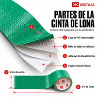 Partes de la cinta de lona verde KESTKAS: capa de PVC impermeable, malla de tejido de refuerzo, adhesivo de alta adherencia y papel protector, 8 cm de ancho por 5 m de largo