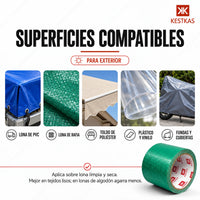 Superficies compatibles con la cinta de lona verde KESTKAS: lona de PVC, lona de rafia, toldo de poliéster, plástico y vinilo, fundas y cubiertas